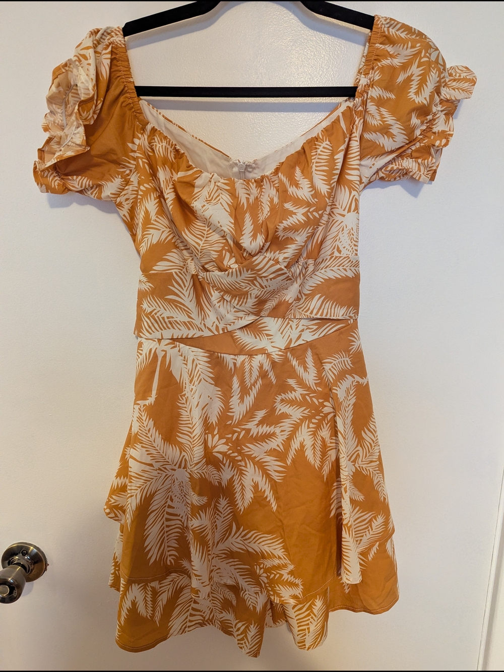 Women's Mustard Palm-Print Mini Romper with Puff Sleeves